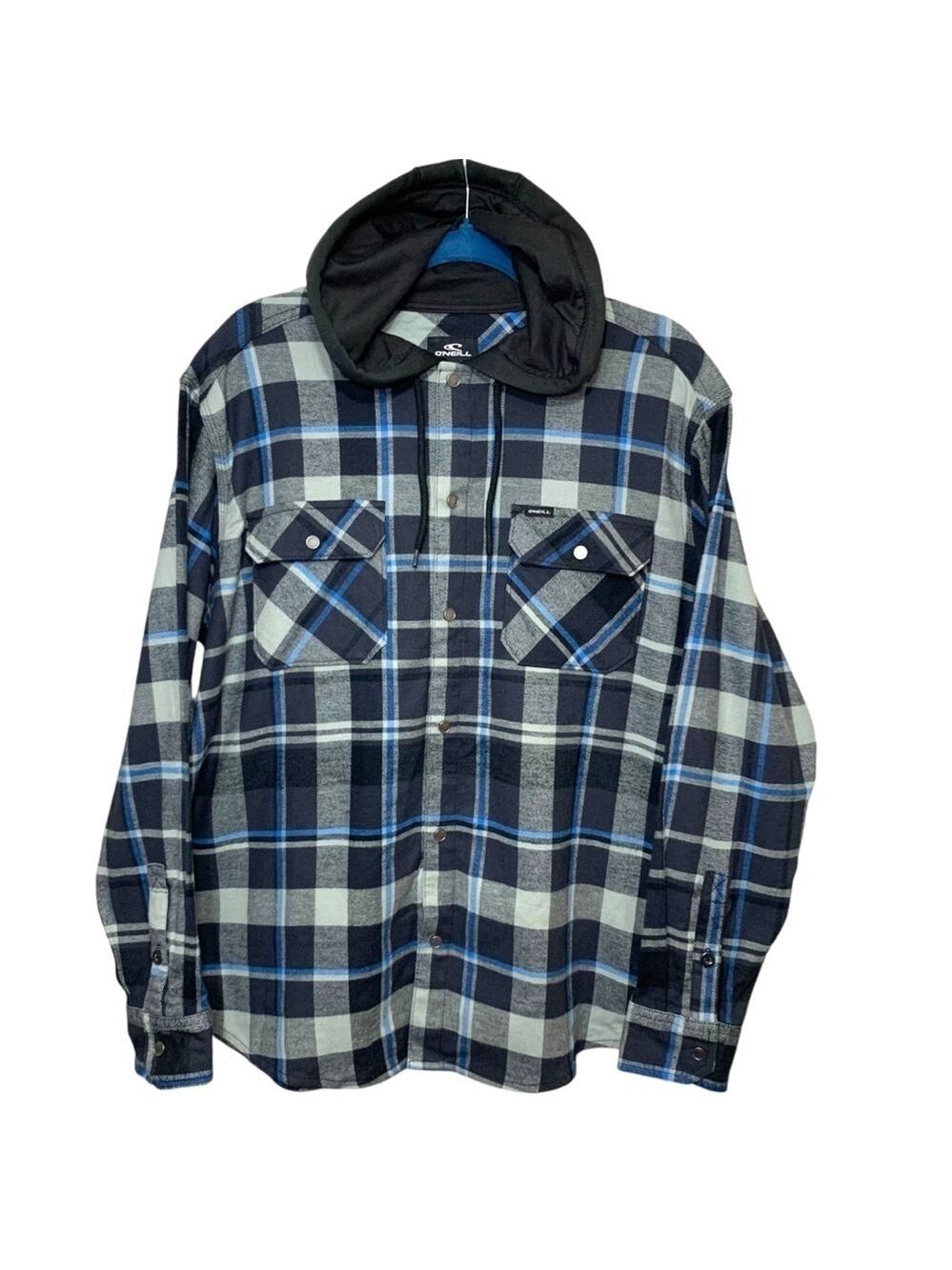 Oneill Liam Hooded Flanel Shirt Sz M Black Blue Plaid Snap Button Lumberjack NWT